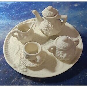 Jade Collection Floral Teaset 6 piece Dainty Bisque White Roses Diamond Pattern